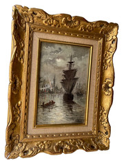 19th Century Circle of Eugene Boudin Oil on Canvas Signed Ships Port Moonlight