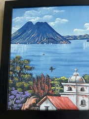 Vintage Guatemala Folk Art Oil Painting Lake Atitlan 12 x 10