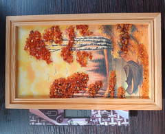 Painting From Amber Stones Autumn Landscape Boat 27 cm x 16 cm, 178 g