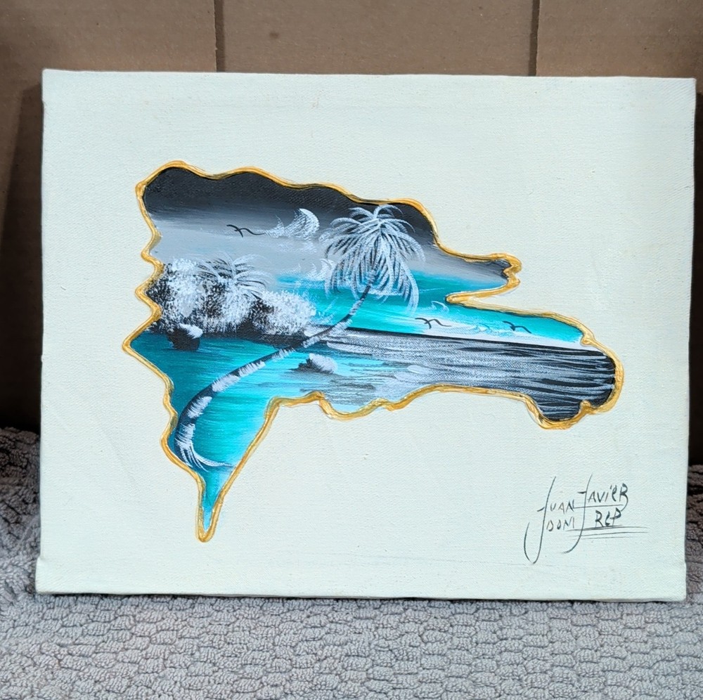Juan Javier Signed Dominican Republic Island Map Painting – Tropical Beach 10×8