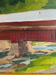 Vintage mcm Modern Impressionist painting Woodstock VT Taftsville Bridge Huszer