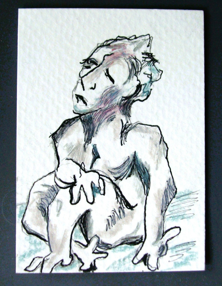 Original pencil and ink painting on paper ACEO KILN distorted pottery Tarrantts