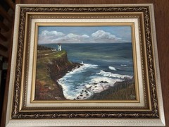 VTG Hawaii Original Oil Paint Art Artist Signed Wood Frame Kilauea Lighthouse