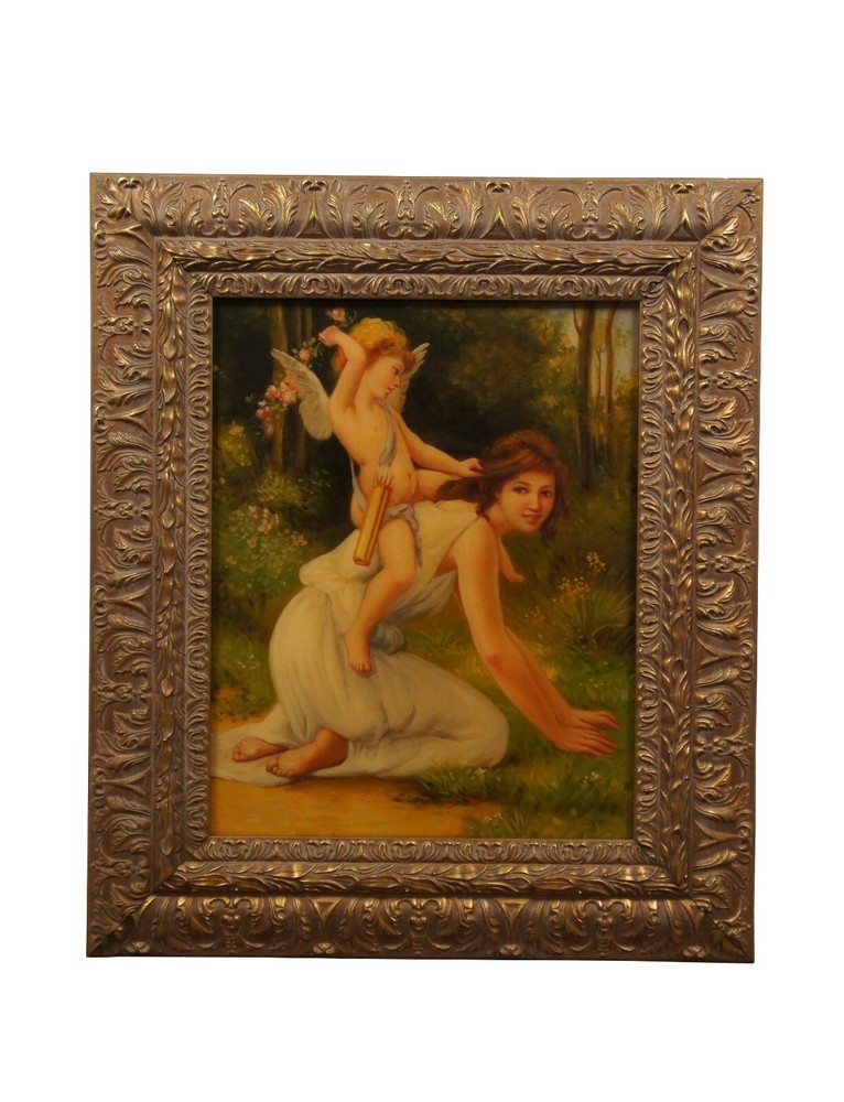 French Neoclassical Cupid & Venus Oil Painting After Guillaume Seignac 29″