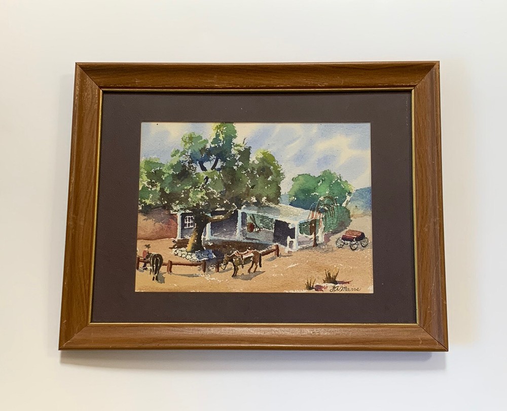Original Painting Watercolor Western Landscape Ranch Homestead Cowboy and Horse