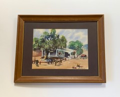 Original Painting Watercolor Western Landscape Ranch Homestead Cowboy and Horse