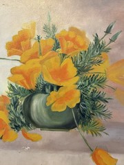 Vintage Art Painting Framed Wall Orange Poppies Flowers In Vase