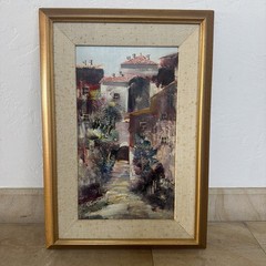 80s VTG Original Local Artist Signed Framed Painting of Charming Spanish Village