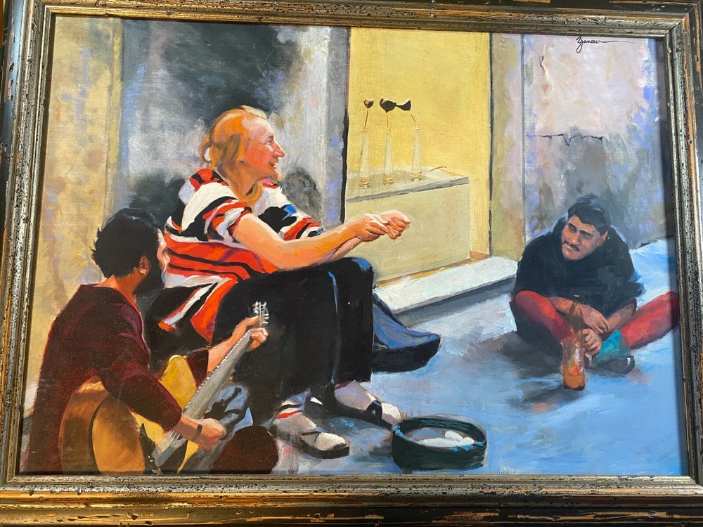 Large Rhoda Yanow „Street Musicians Florence NJ“ Oil Painting – Signed/Framed