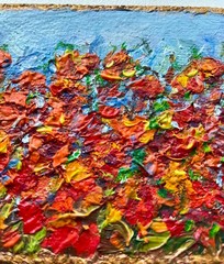 ACEO Original Oil Painting Poppies Blooming Canvas Impasto 2.5×3.5in Signed OS