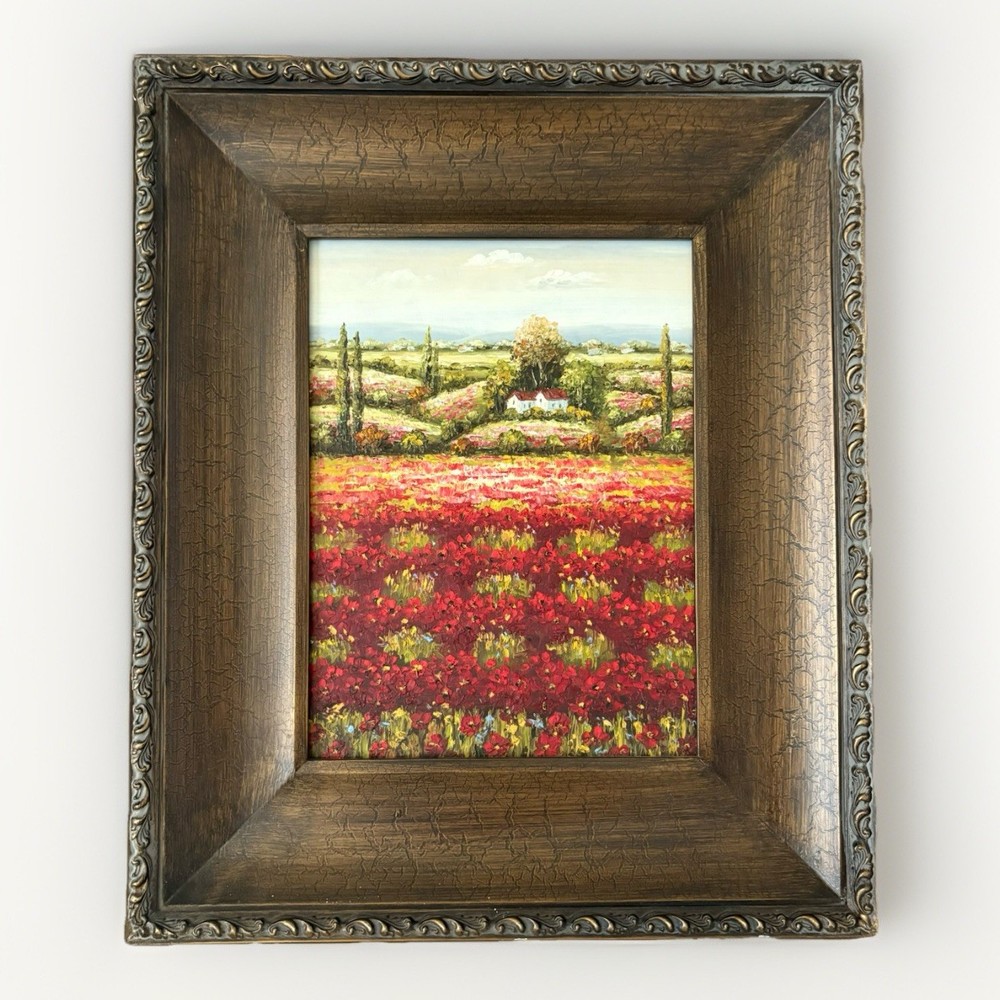 Impressionism Oil Painting Framed Red Flower Field Landscape 12×16 in Canvas Art