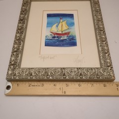 Small Artist Signed „Tropical Boat“ Sailboat Water Color Professionally Framed