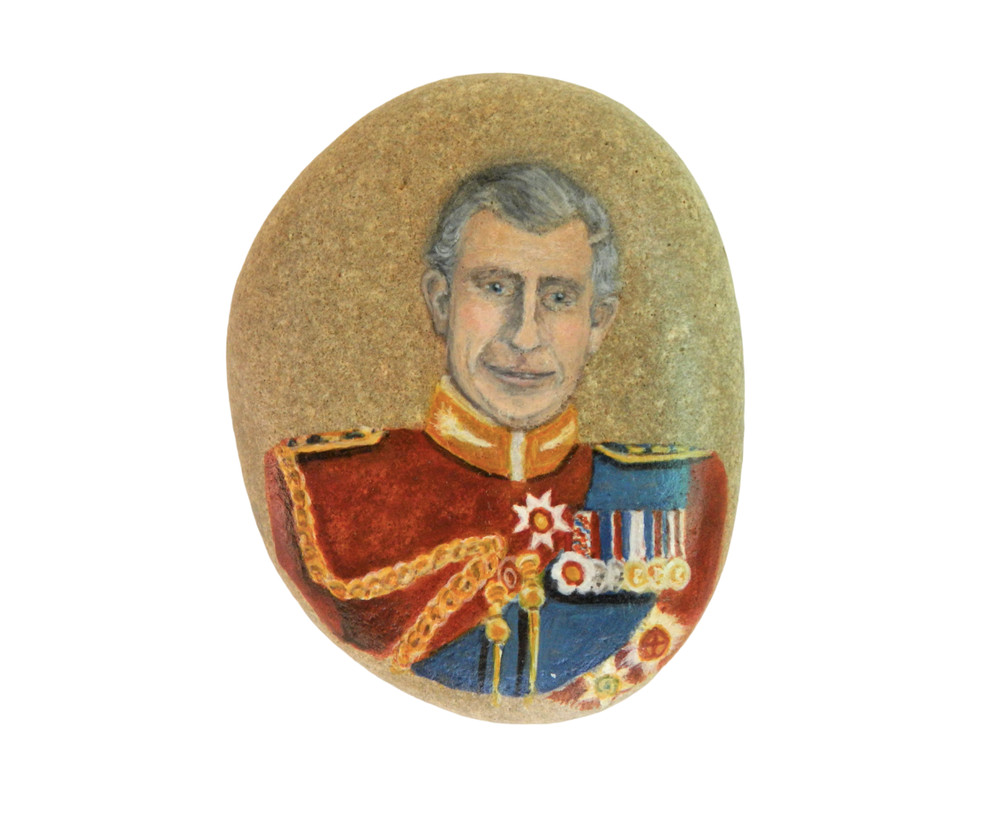 King Charles III of the United Kingdom Hand Painted On a Beach Rock Paperweight