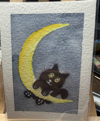 ACEO Handmade Original OOAK Signed (Not a Print) „Hanging out“ Cat & Moon Art