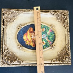 Pair Of Small Ornate Framed Paintings of Girl And Boy Yellow Hat Holding Flowers