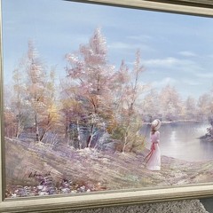 VTG Original Signed FRAMED OILPAINTING ONCANVAS GIRL BY THE LAKE LANDSCAP 29X41”