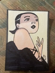 ACEO watercolor art by PJ, art card 2.5 x 3.5: lady in black.