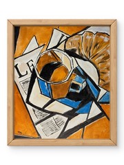 Original 11×14 Acrylic Canvas Cubist Cafe Coffee Cup Newspaper Pastry Painting