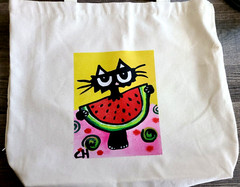 Brand NEW NOT ACEO CANVAS WATERMELON CAT IRON ON TOTE BAG 16x13x4 “ 2000-now