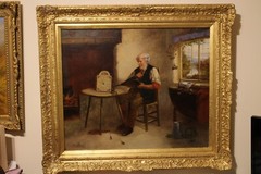 Oil on canvas G J Barnes signed 1864 to 1890 the clockmaker new gilt frame