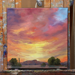 Love Art Original Oil Painting Arizona Landscape Southwestern Bright Sunset Sky