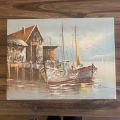 Vintage Seascape Sailboats Boat Harbor Port Oil Painting Oscar Canvas 16″x12″