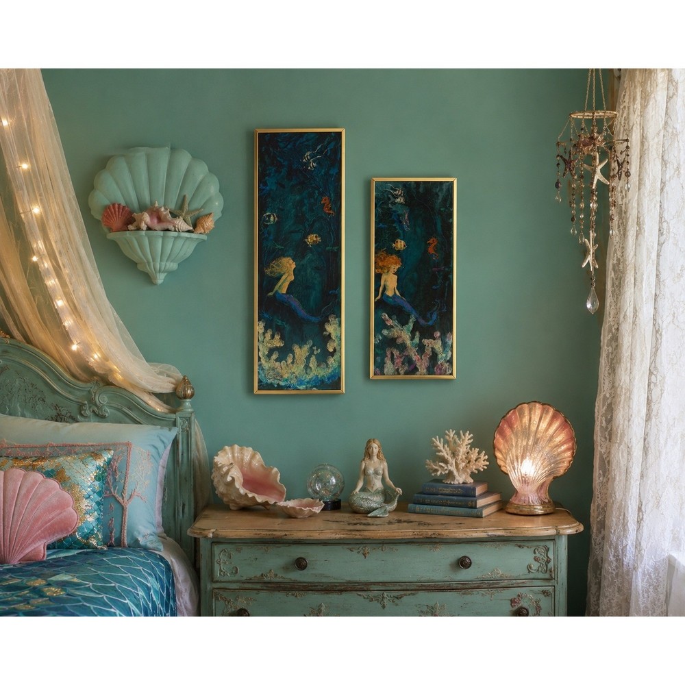 Vintage Set of Mermaid Mixed Media Paintings Framed Pair Coastal Mermaidcore Art