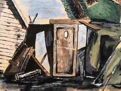 American Mid Century Mixed Media Town Scene „Impressionism“ , Signed, 1954