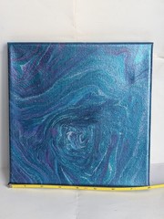 Abstract Fluid Pour Painting Iridescent Teal 8″ X 8″ Canvas Acrylic Decor Art