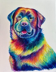 Original Art, Black Labrador Rainbow Dog, Vibrant Painting by Nikki Paintz 11×14
