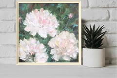 peonies original oil painting, white peonies wall art, square flower painting