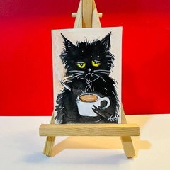 ACEO Black Cat Coffee Smoking Gothic Dark Art Original Acrylic Painting OOAK NEW
