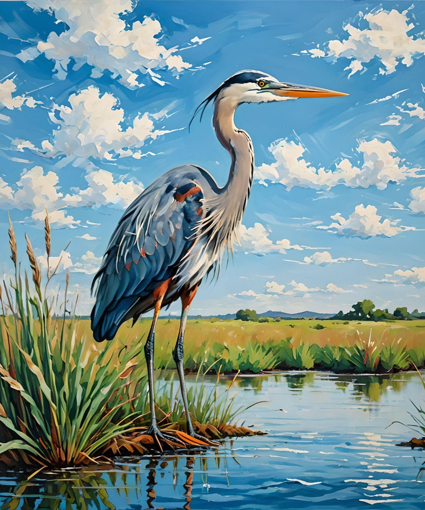 ACEO Art Card a Print of a Majestic Blue Heron Fishing in the Tidelands