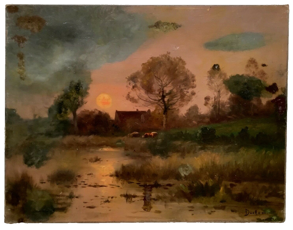 19th FRENCH BARBIZON Duchemin SUNSET LANDSCAPE Signed Rare Vintage Oil on Canvas