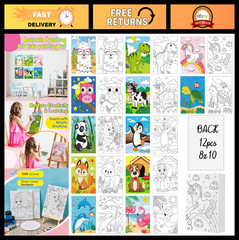 12 Pcs Pre-Drawn Canvas for Kids – 8″x10″ Cute Animal Painting Set, Art Gift