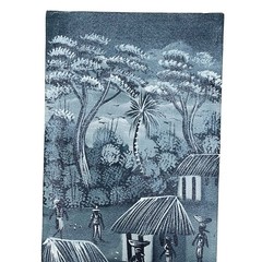 Original Haitian Folk Art Oil Painting Black & White Village Scene Canvas Signed