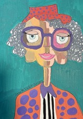 Elder Woman Glasses Contemporary Blue Orig Art Painting By Artist, Free Shipping