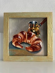 Oil Painting Still Life Art For Kitchen Gift Croissant Coffee 20x20cm Wall Art