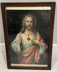 Vtg Sacred Heart of Jesus By Zabateri Oil Painting Litho Print 21.75” By 14.75”