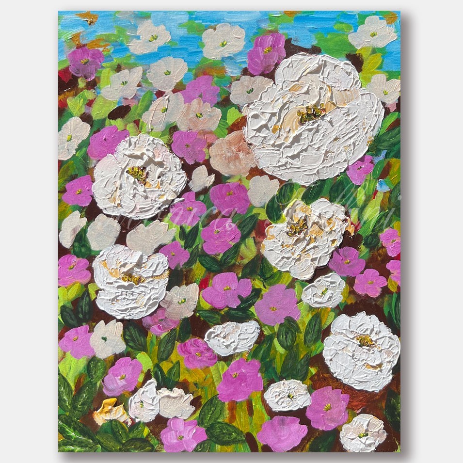 Garden Poppies oil painting 21″ x 27″ palette knife contemporary art by Fallini