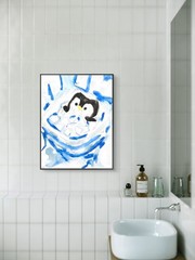 Penguin Spa Minimalist Funny Bathroom Wall Art Original 11 by 14 Canvas Panel