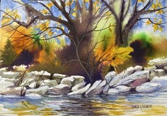 7X10” Original Watercolor Pamela Wilhelm spring trees Creek Rocks Landscape