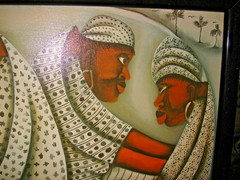 African Acrylic Painting On Canvas Signed Merla Men Women Staring Modernist