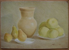 Ukrainian Soviet USSR tempera Painting still-life modernism jug apples pears