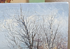 Vintage original painting 16×20″ Snow covered cabin with creek and stone bridge