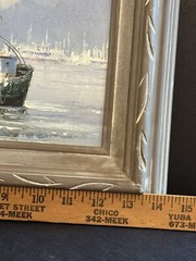 Thomas Oil Painting Blue Seascape Harbor Boats Framed Canvas Vintage 12”x14”