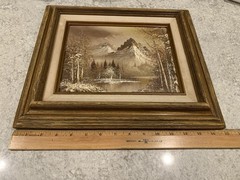 VTG Original Oil Painting Mountain/River Landscape Framed Linen Border 15”x 13”