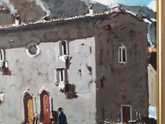 Snowfall in an Old Italian Village Winter Landscape Vintage Oil Painting signed