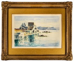 Mykonos, Antique Greek Framed Watercolor Coastal Landscape, Signed Illegibly