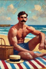 Original LGBTQ art giclée painting „Beach Mustache 1“ artist signed/numbered